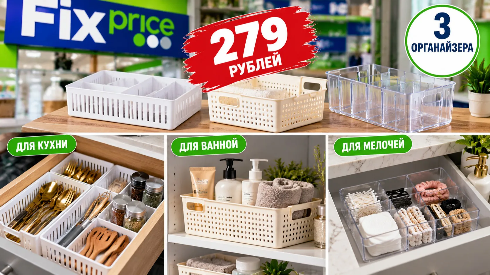 Всего 279 рублей в Fix Price — и в ящиках идеальный порядок: 3 пластиковых органайзера для кухни и ванной