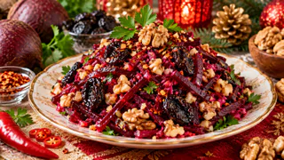 Салат “Огненный акцент”: свёкла, чернослив, грецкие орехи и щепотка чили — пряный вариант для праздничного стола в год Красной Козы