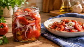 Помидоры дольками с луком и маслом: салат на зиму, который не нужно заправлять перед подачей на стол