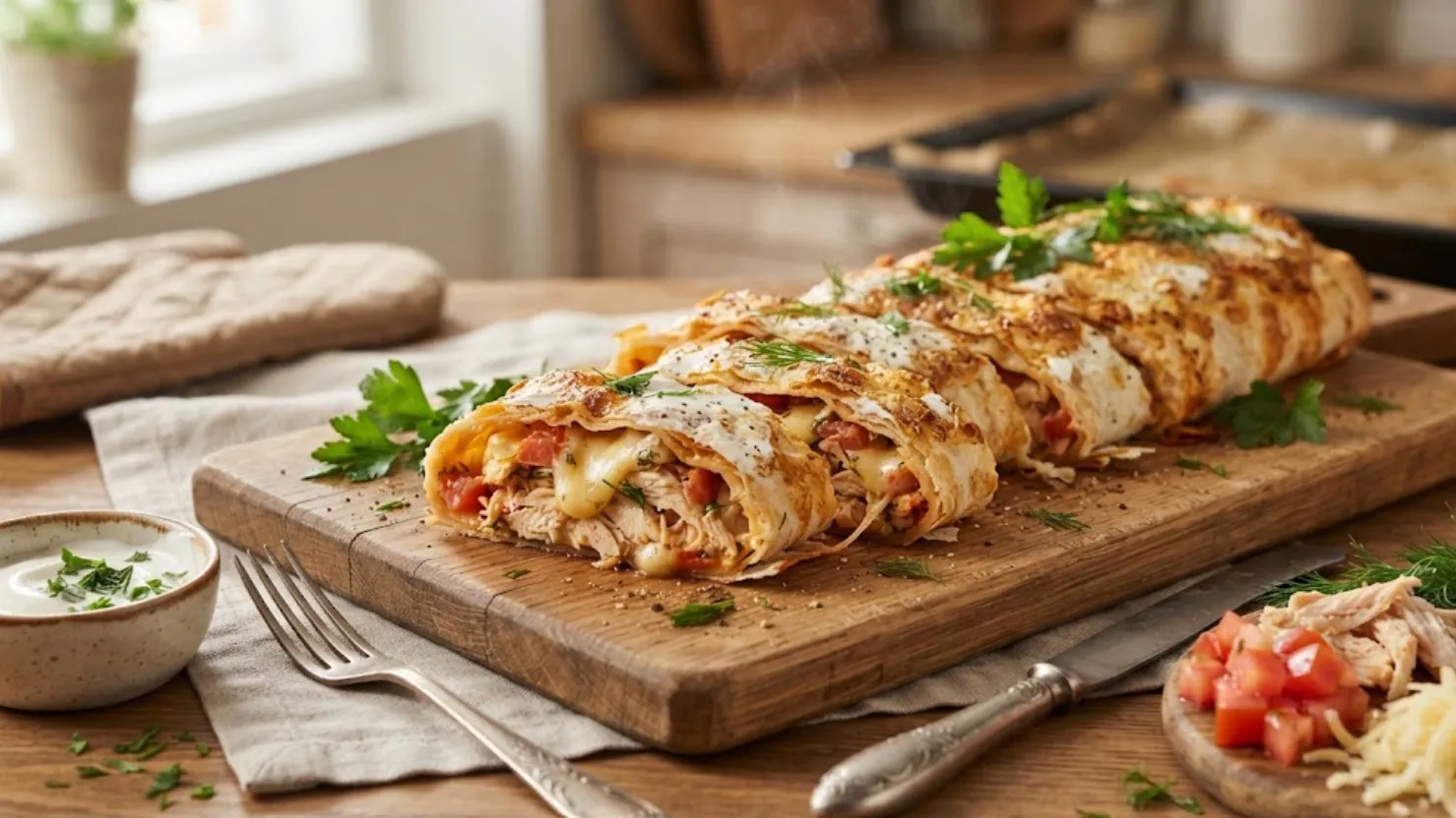 Рулет из лаваша «Пряная курочка» — необычный соус, сыр и сочные помидоры: 15 минут в духовке и можно подавать на стол