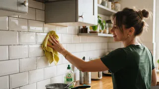 Смешиваю пару ложек – жир с кухонного фартука отходит кусками: подглядела лайфхак у опытного клинера
