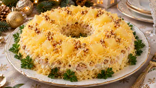 «Янтарное кольцо» с копчёной курицей и ананасом: сочный слоёный салат с ярким вкусом — эффектное угощение для стола в год Огненной Козы