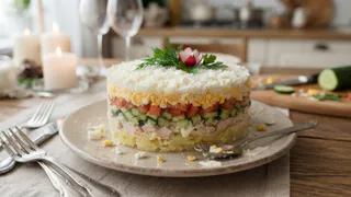Салат с шапкой «Курица под снегом» — звезда моего новогоднего стола: слоеный, воздушный, нежнее облака